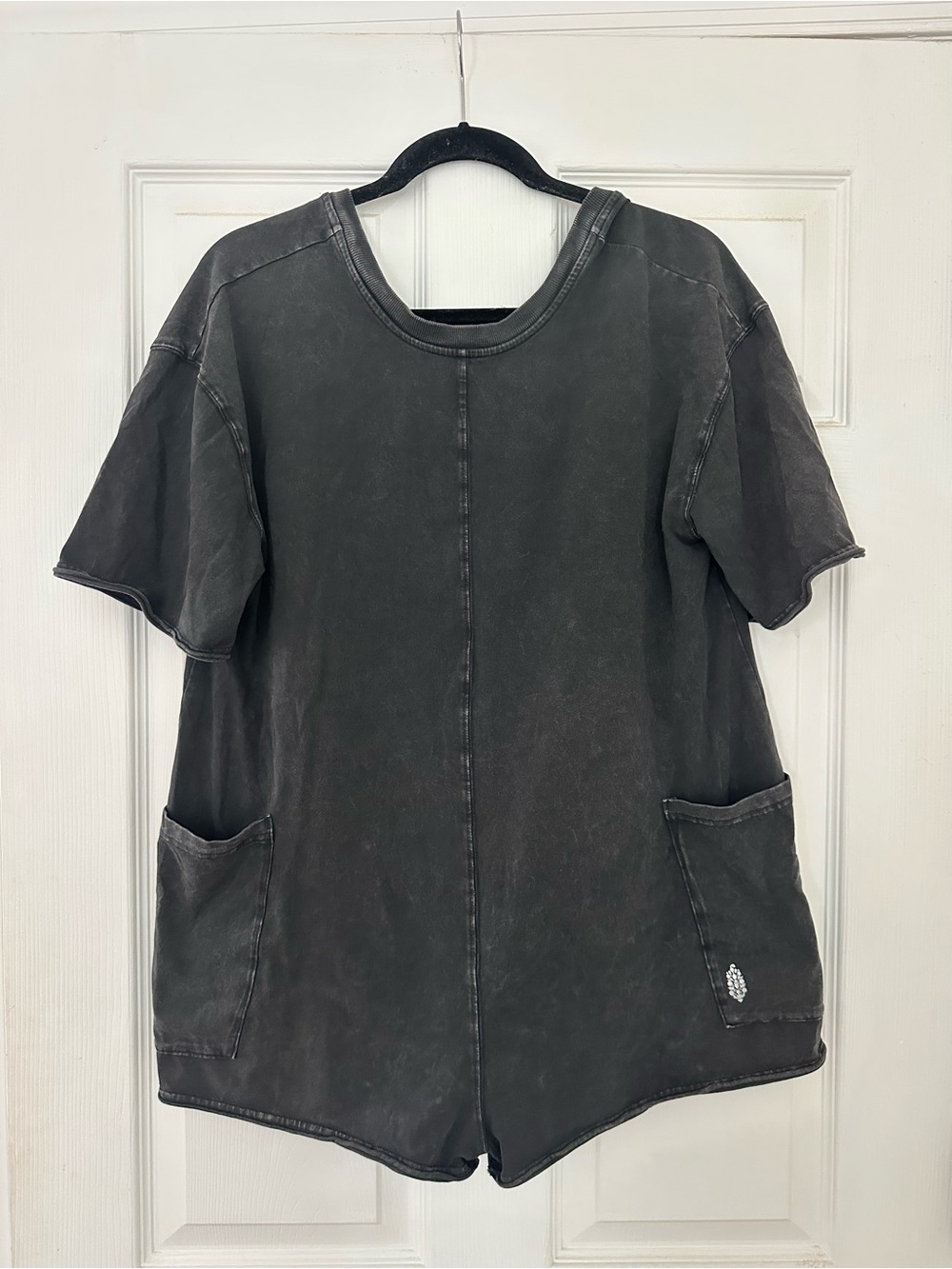 FP Movement by Free People Washed Black Short-Sleeve Romper with Front Pockets